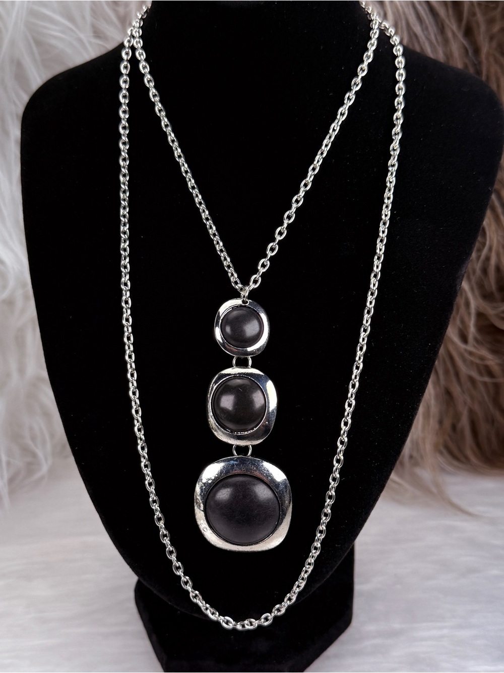 Vintage Silvertone Black Triple Drop Long Geometric Statement Necklace